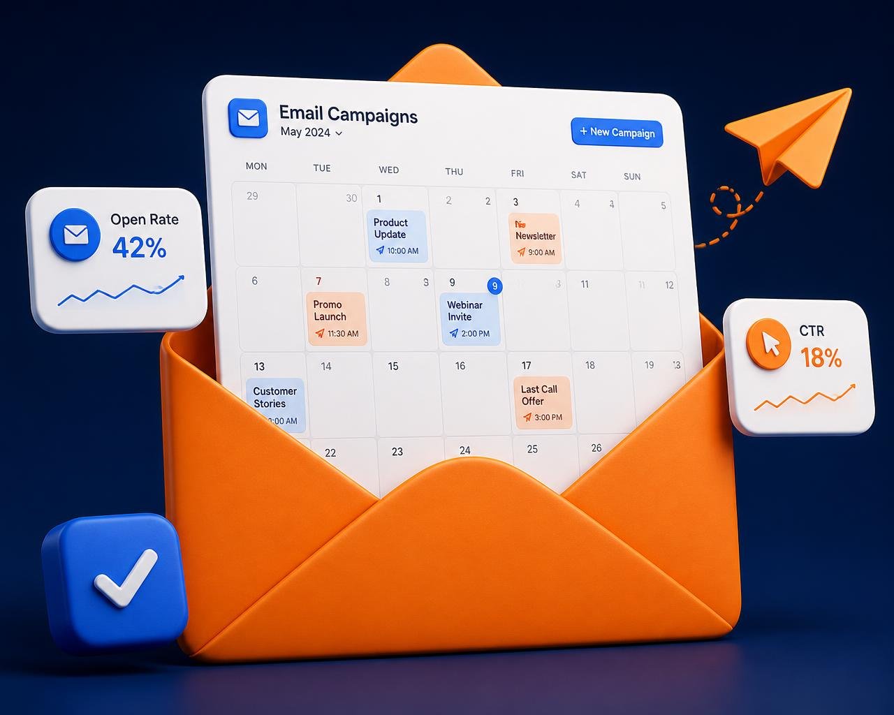 Email campaign performance artwork with a campaign calendar, message envelope, and analytics