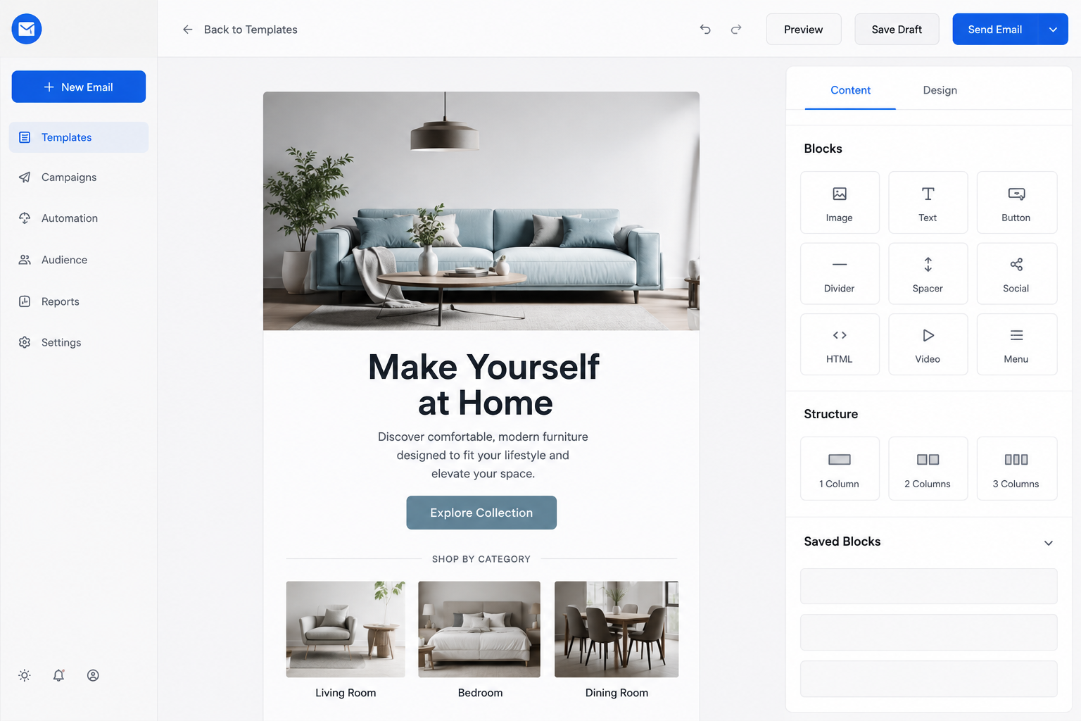 Email template editor showing a precisely designed campaign