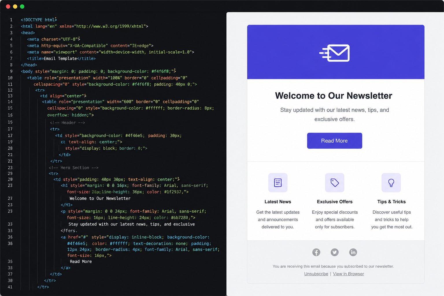Lean HTML email code beside its rendered template
