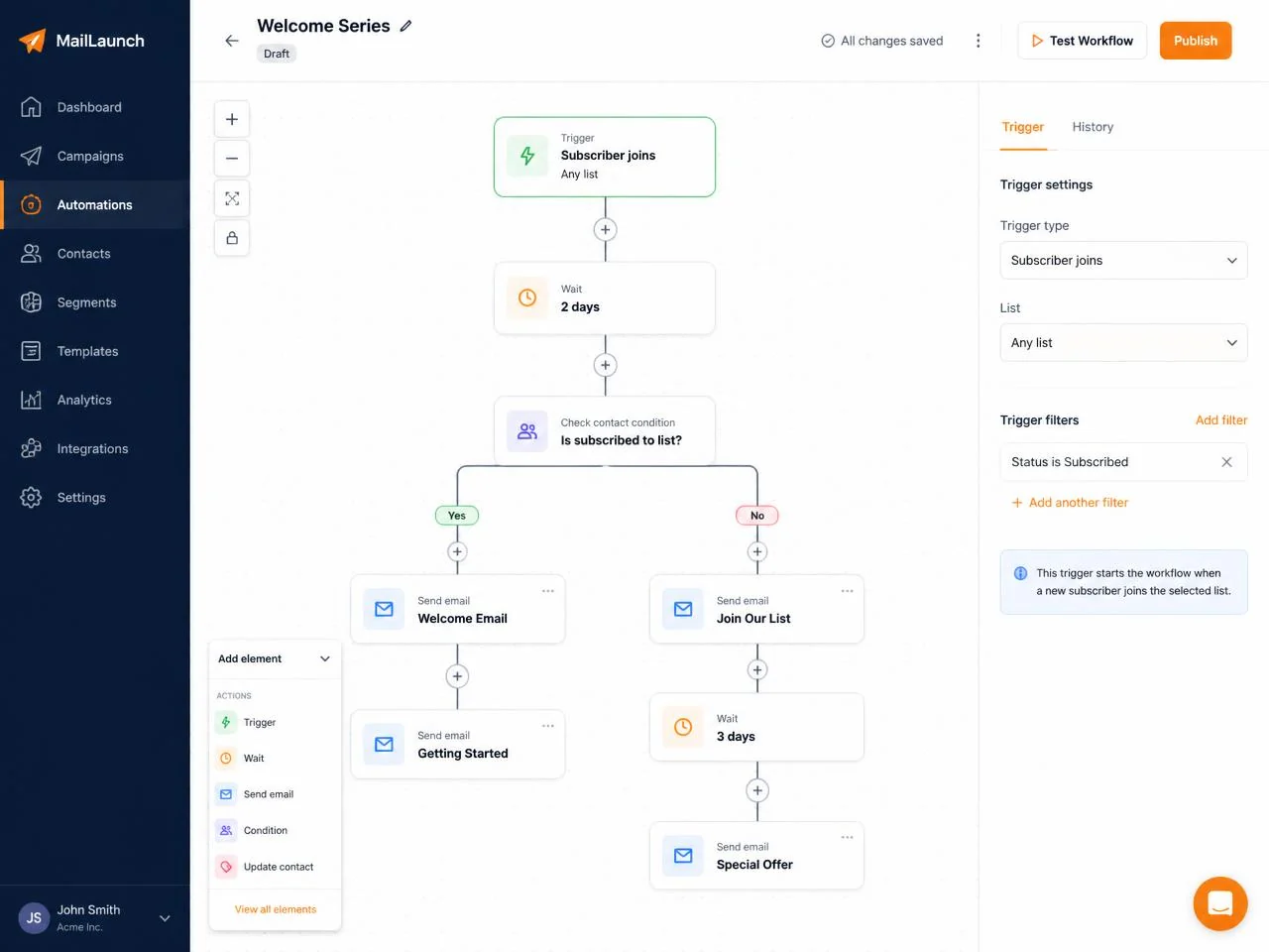Email automation workflow builder with trigger, wait, and send-email steps