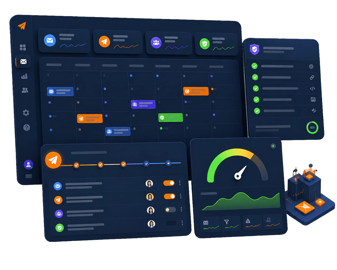 Email program dashboard showing campaigns, automation workflows, and performance checks