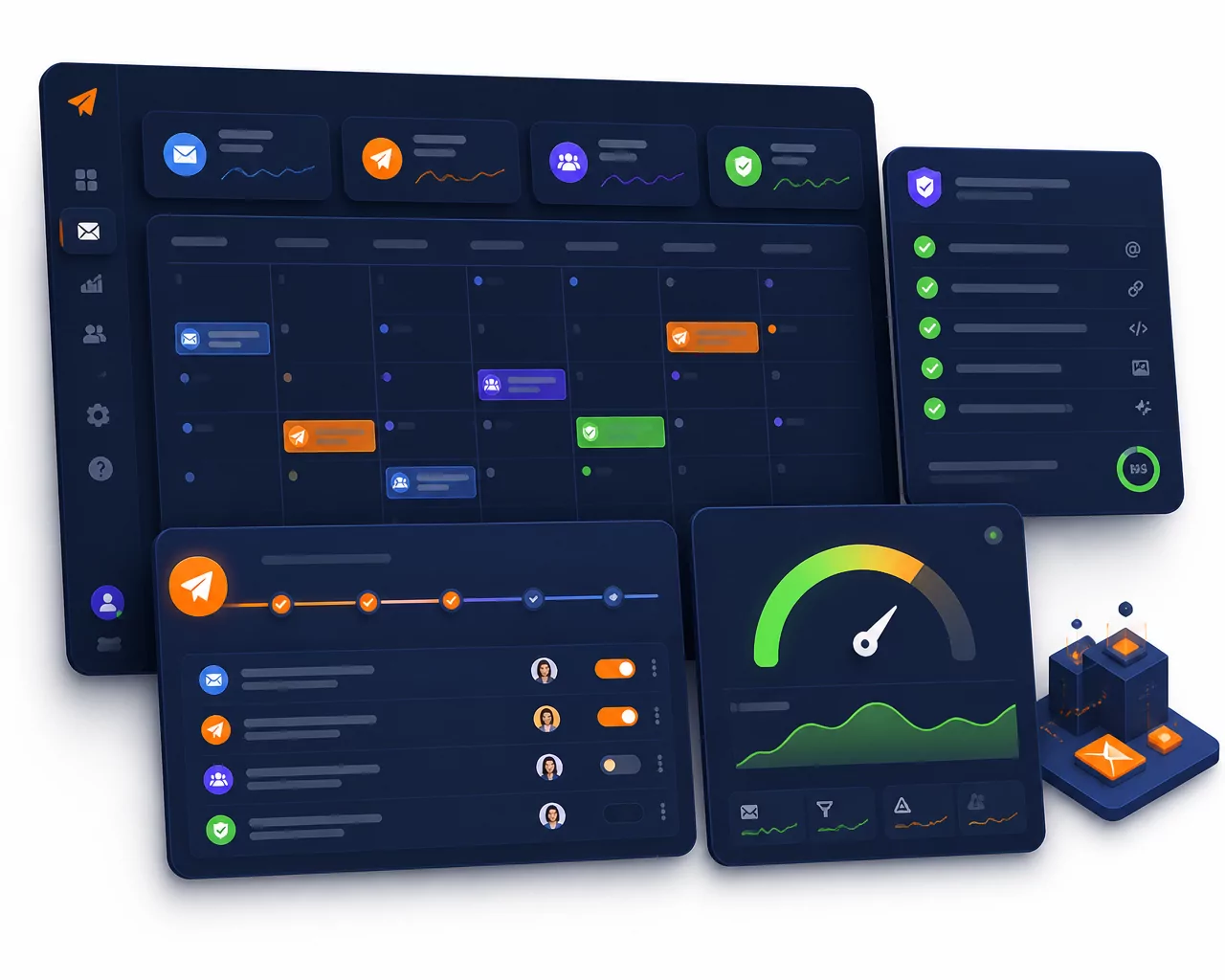 Email campaign management dashboard with calendar, QA checklist, and deliverability gauge
