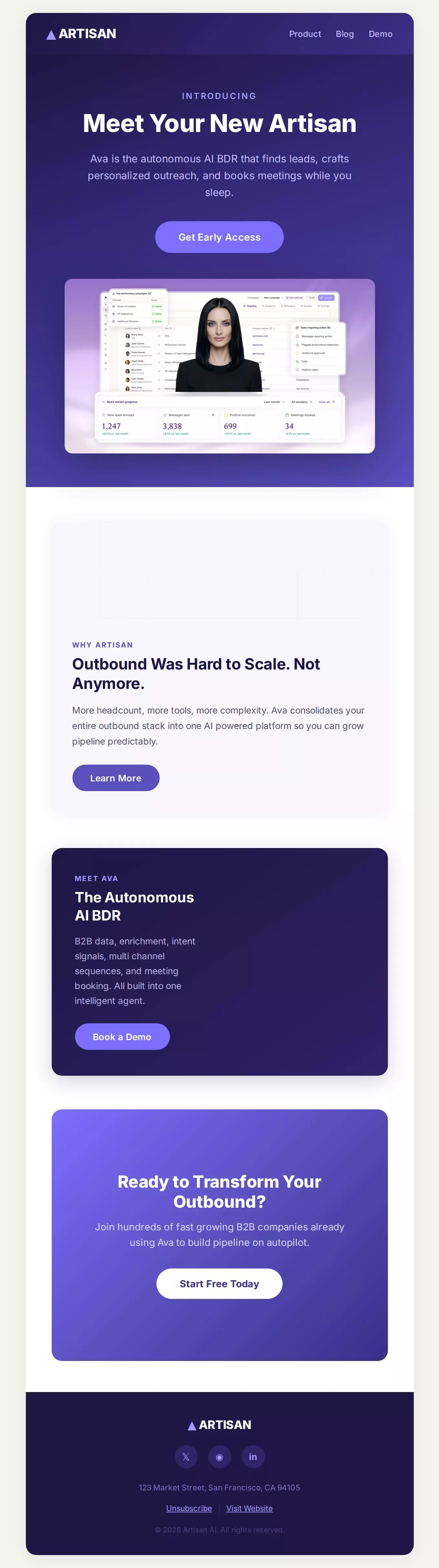 Artisan AI BDR interactive email template preview