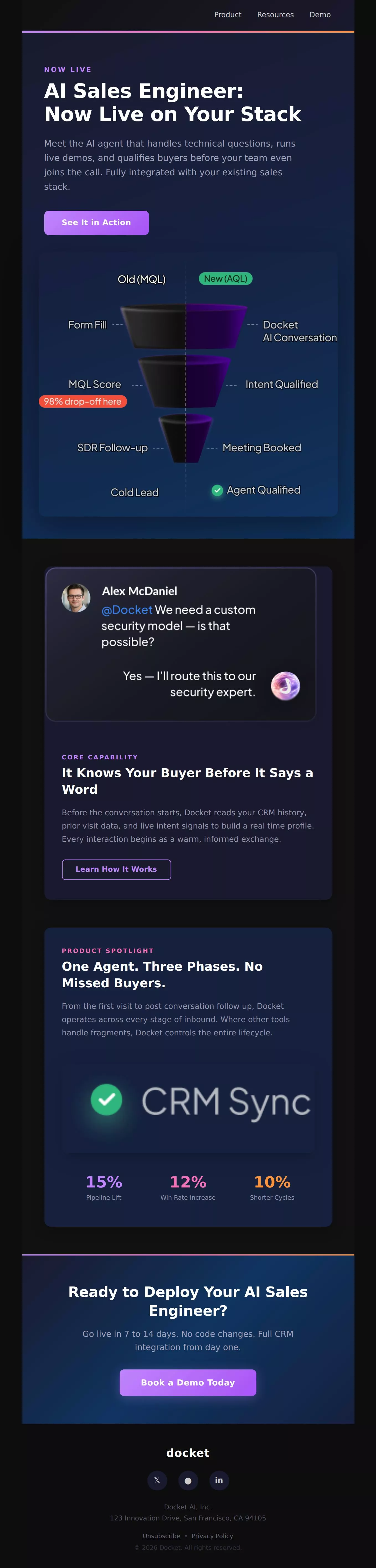 Docket AI Sales Engineer interactive email template preview