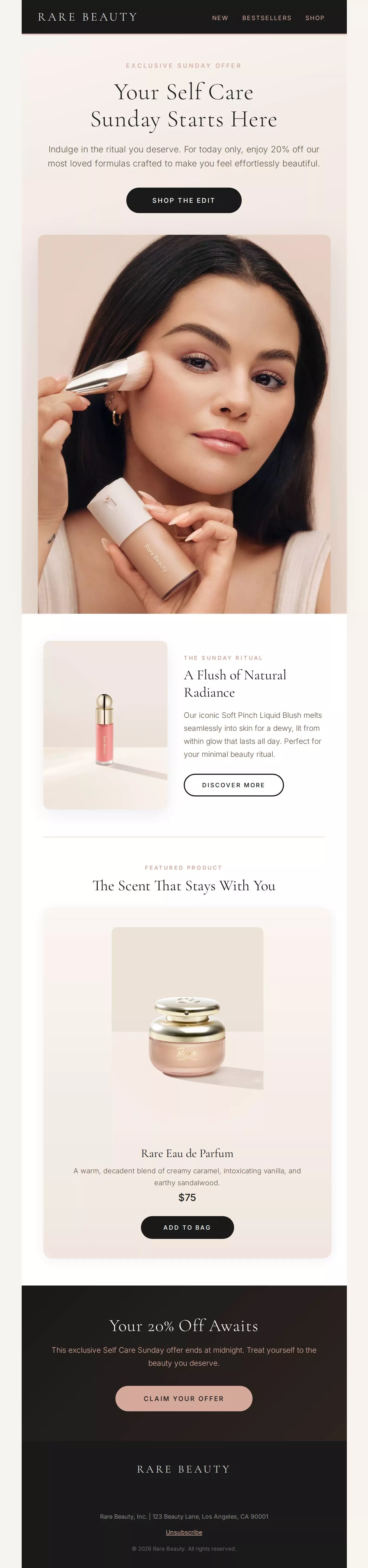 Rare Beauty Self-Care Sunday interactive email template preview