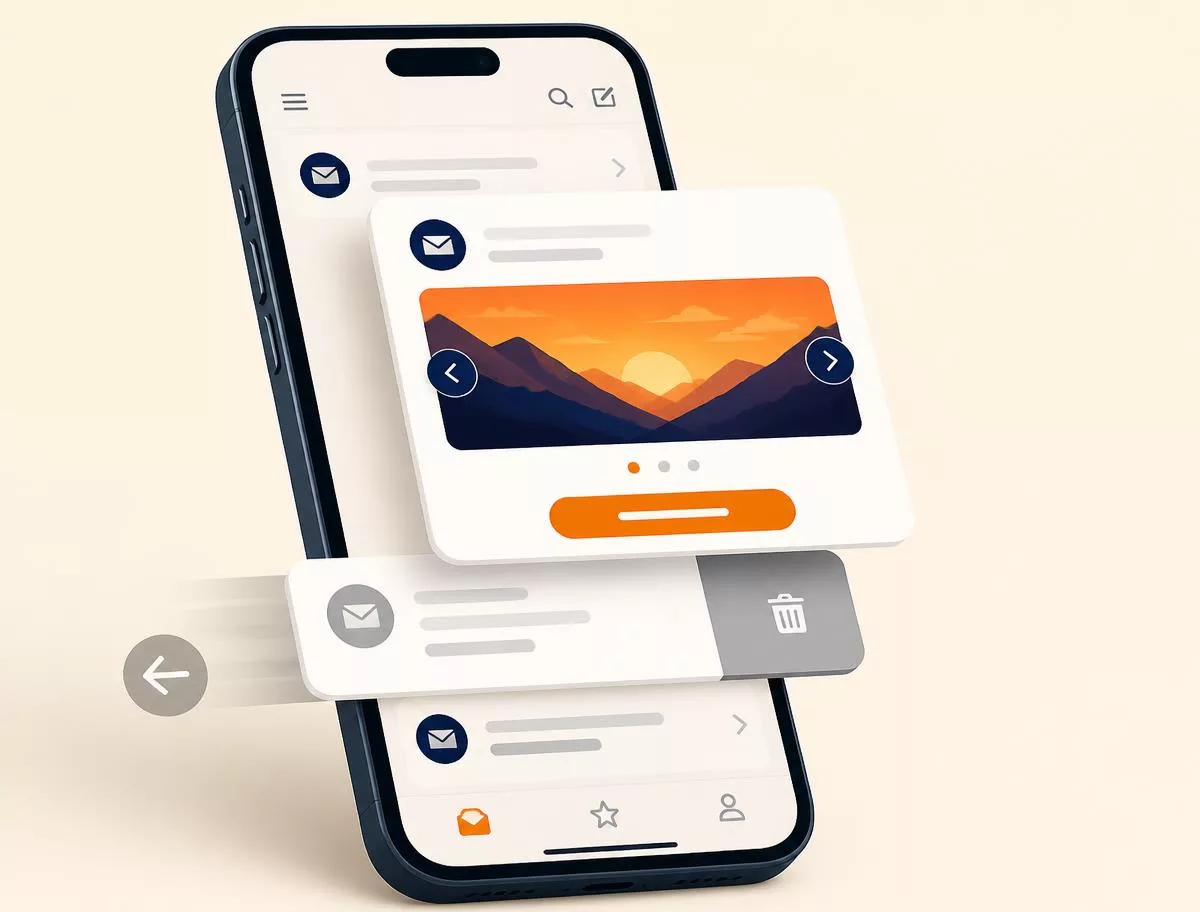 A dull static email is swiped away while an interactive email with a carousel rises above the inbox