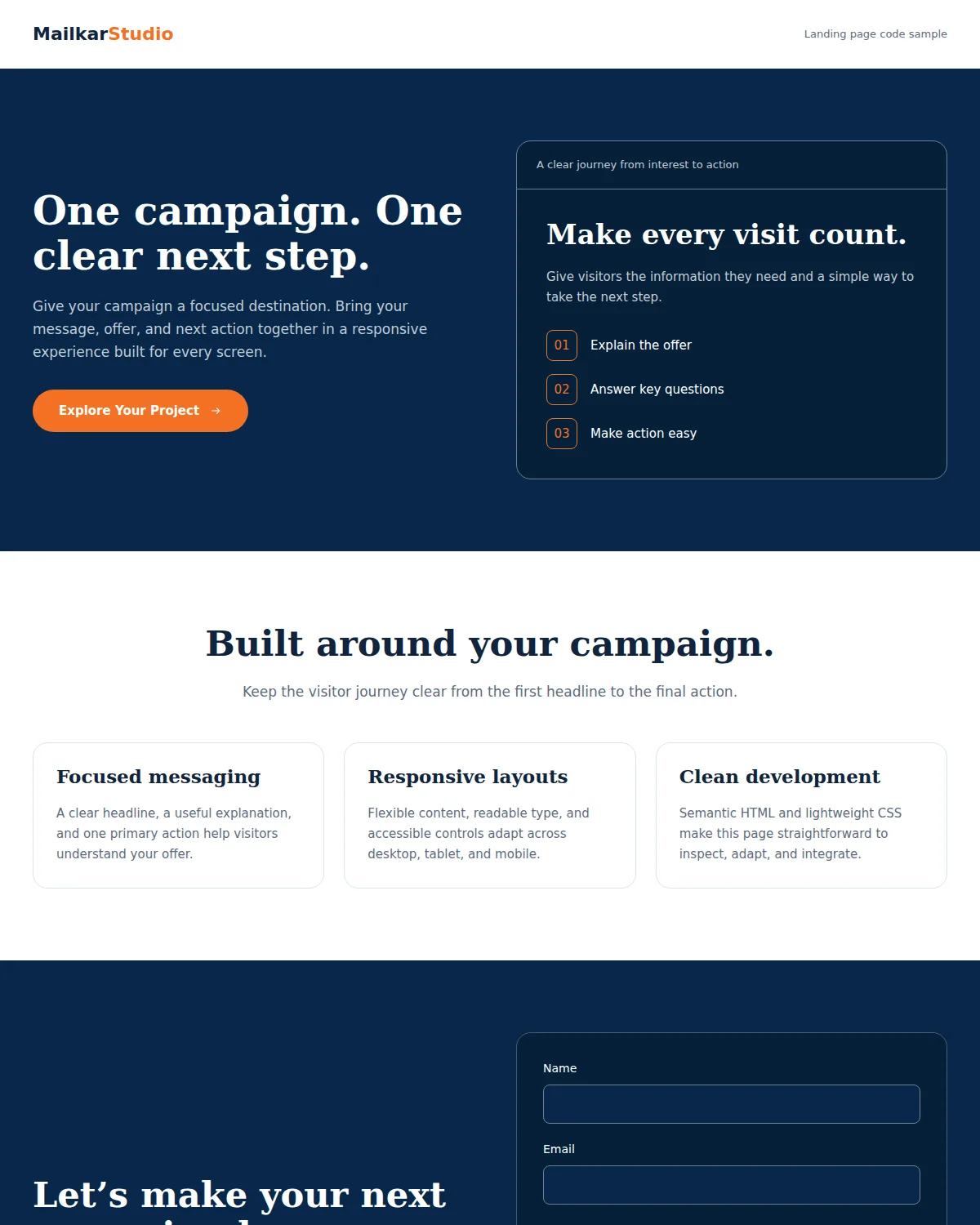 Responsive landing page sample with a campaign introduction, service benefits, and enquiry form