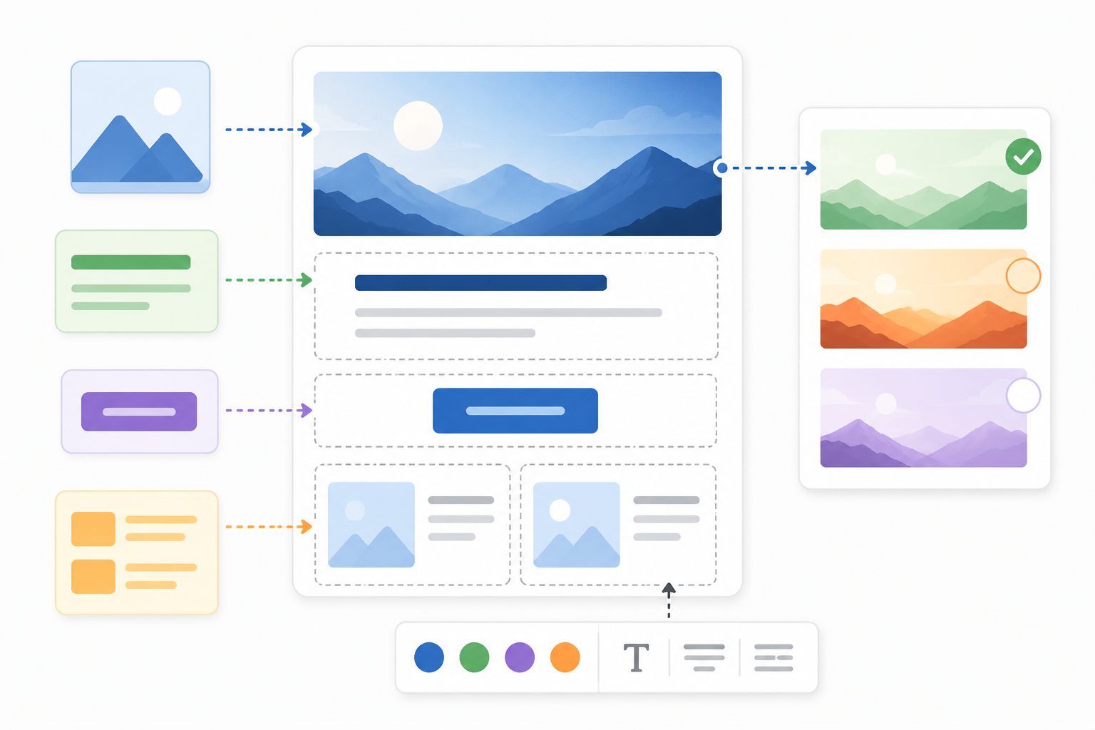 Modular email editor showing dynamic image, text, CTA, and layout controls