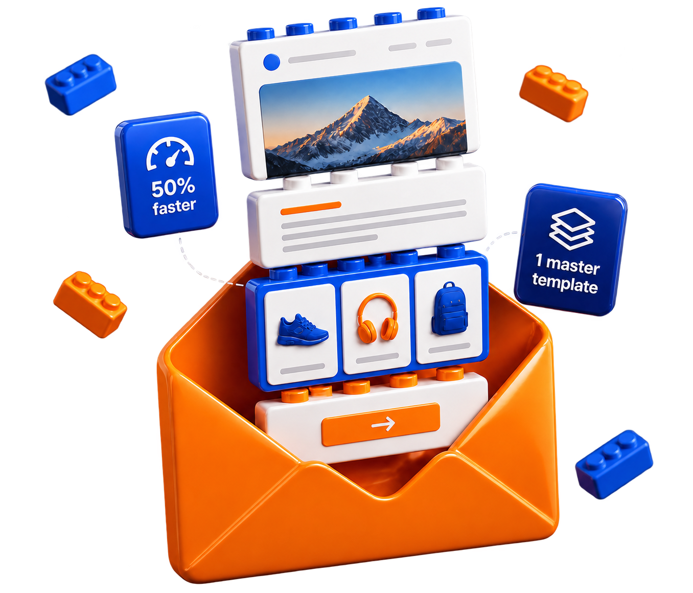Modular email template blocks assembling out of an orange envelope