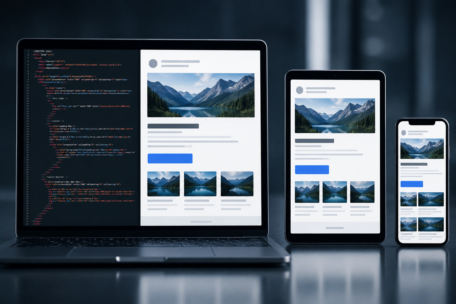 Structured email code rendered clearly across several device sizes