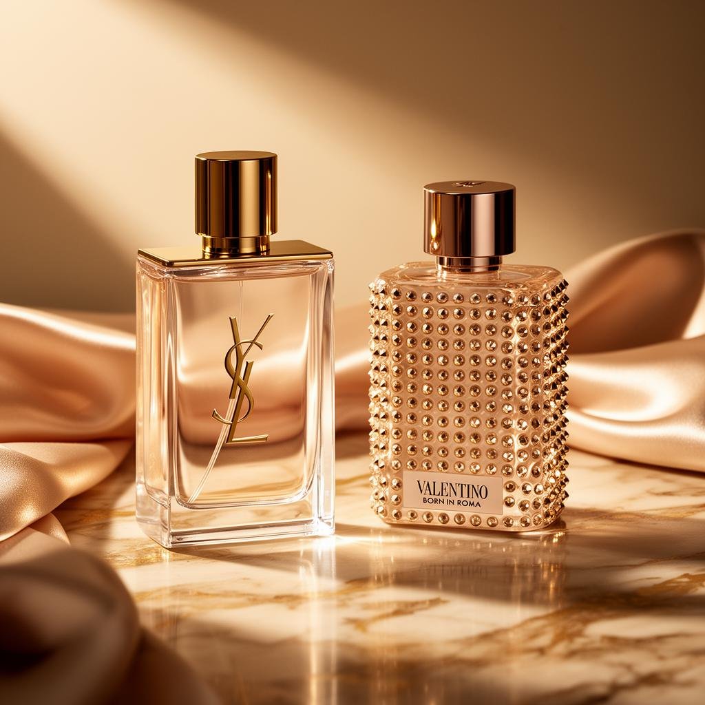 YSL Libre and Valentino Born in Roma fragrance bottles