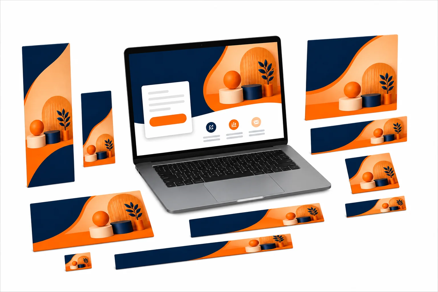Coordinated landing page and advertising designs in desktop, social, and banner formats