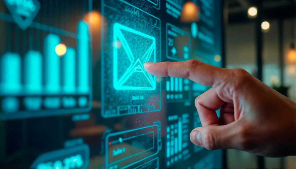 Interactive email interface being touched on a digital screen